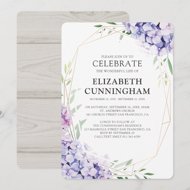 Hydrangea Lilac Floral Geometric Memorial Invitation (Front/Back)