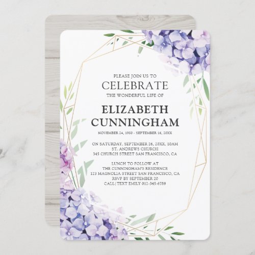 Hydrangea Lilac Floral Geometric Memorial Invitation