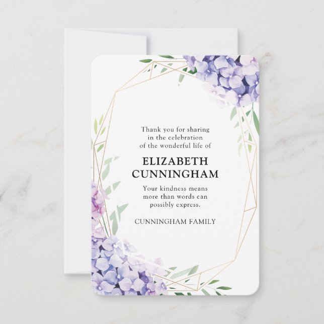 Hydrangea Lilac Floral Geometric Memorial Thank You Card (Front)