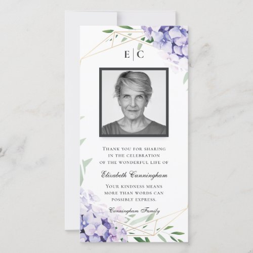 Hydrangea Lilac Floral Geometric Memorial Thank You Card