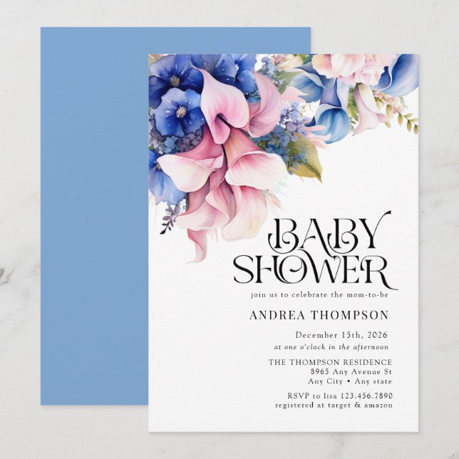 Hydrangea | Lilies Floral | Watercolor Baby Shower Invitation (Front/Back)