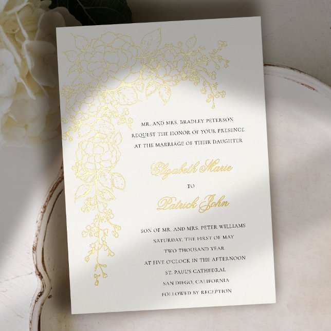 Hydrangea Luminous Ecru Formal Classic Wedding Foil Invitation (hydrangea wedding invitation formal traditional modern classic art sketch parents host gold foil)