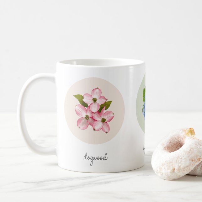 Hydrangea, Lupine, and Dogwood Flowers Coffee Mug (With Donut)