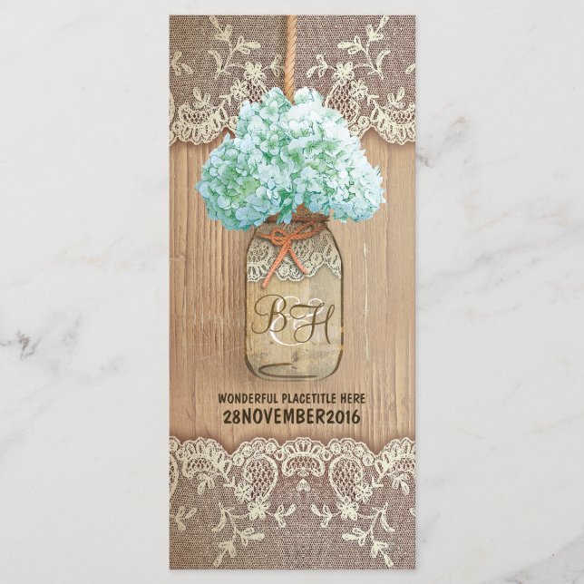 hydrangea mason jar rustic wedding programs (Front)