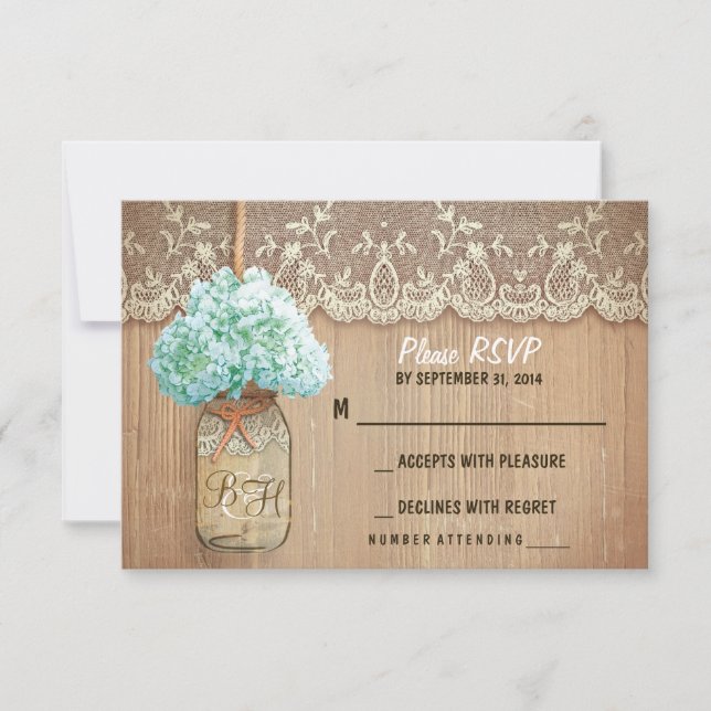 hydrangea mason jar rustic wedding RSVP cards (Front)