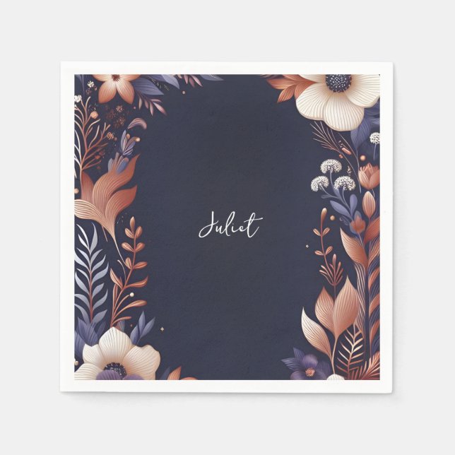 Hydrangea Metallic Pure Navy Blue Bridal Shower Napkins (Front)