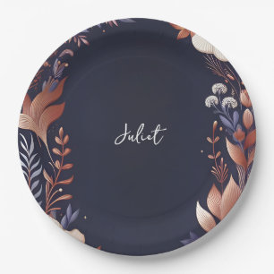 Hydrangea Metallic Pure Navy Blue Bridal Shower Paper Plates