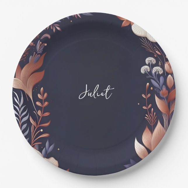 Hydrangea Metallic Pure Navy Blue Bridal Shower Paper Plates (Front)