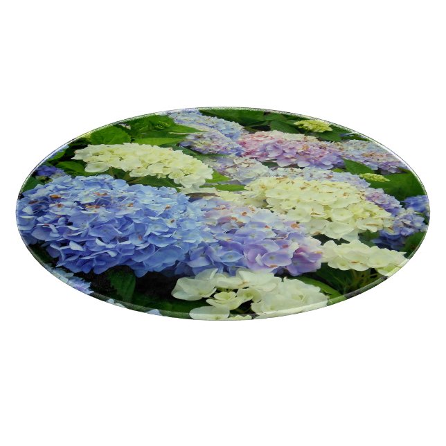 Hydrangea Mix-12in ROUND GLASS CUTTING BOARD (Corner)