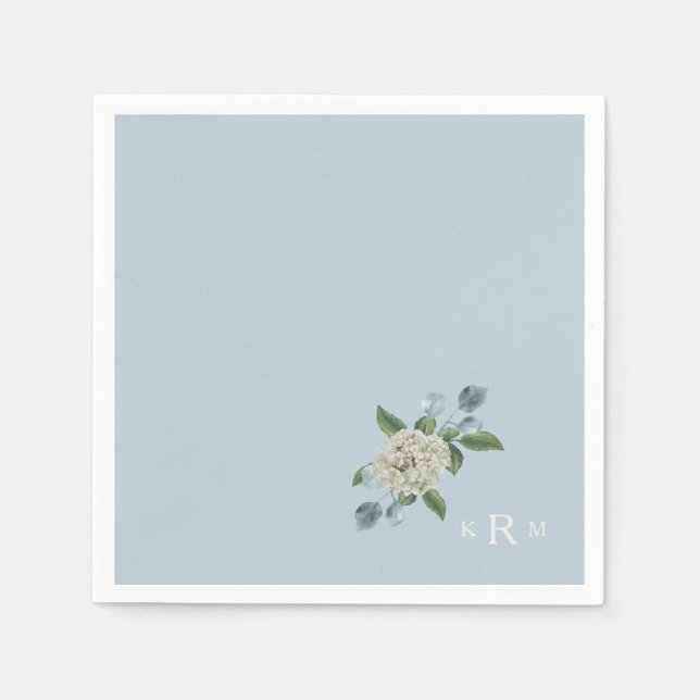 Hydrangea Monogram Dusty Blue Cocktail Napkins (Front)