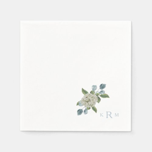 Hydrangea Monogram White  Blue Cocktail Napkins