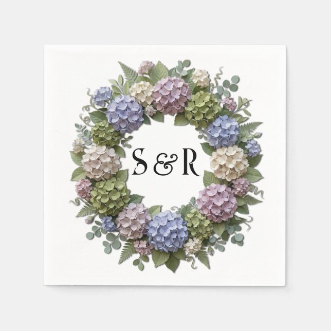 Hydrangea Monogram Wreath Wedding Napkins (Front)
