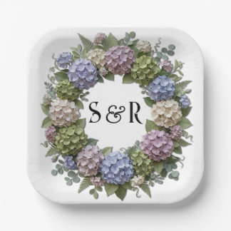 Hydrangea Monogram Wreath Wedding Paper Plates