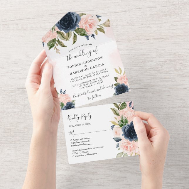 Hydrangea Navy Blue and Blush Pink Floral Wedding  All In One Invitation (Tearaway)