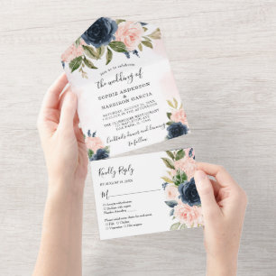 Hydrangea Navy Blue and Blush Pink Floral Wedding All In One Invitation