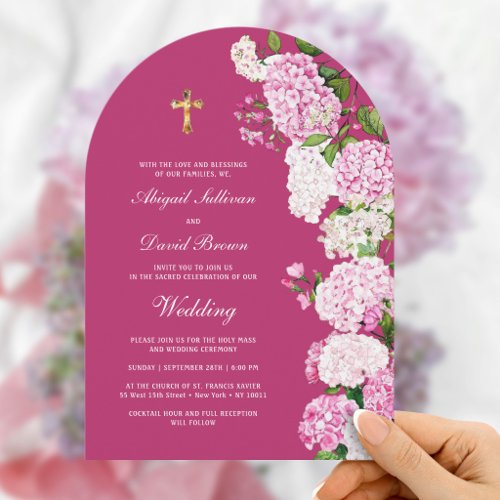Hydrangea on Pink Arch Religious Wedding Invitation