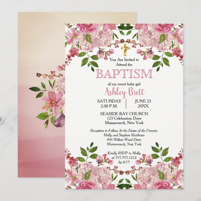 Hydrangea Pink Floral Watercolor Girl Baptism Invitation (Front/Back)