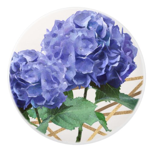 Hydrangea Purple Blue  Gold Elegant Floral Ceramic Knob