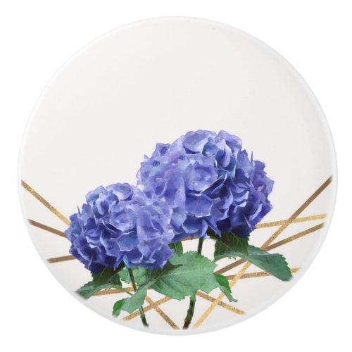 Hydrangea Purple Blue  Gold Elegant Floral Ceramic Knob