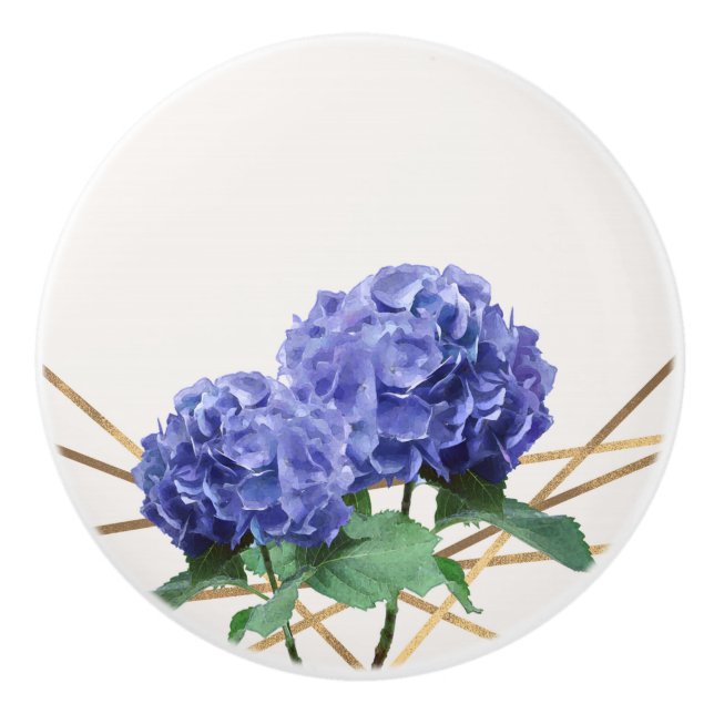 Hydrangea Purple Blue & Gold Elegant Floral Ceramic Knob (Front)