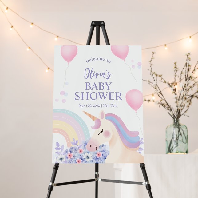 Hydrangea Rainbow Unicorn Baby Shower Welcome Sign (In Situ (Stand))