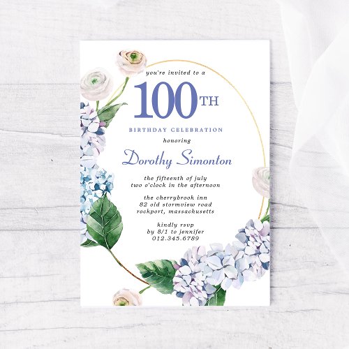 Hydrangea Rose 100th Birthday Party  Invitation