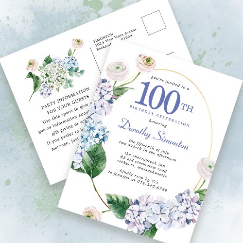 Hydrangea Rose 100th Birthday Summer Invitation Postcard
