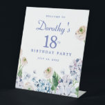 Hydrangea Rose 18th Birthday Party Welcome Sign<br><div class="desc">A beautiful welcome sign with the Wow factor that will impress your guests. Soft dusty blue and purple hydrangeas mix with soft blush white and pink wild roses. The birthday celebrant's name is written in an easy-to-read script font. the Birthday year and date follow in a bold traditional serif font....</div>