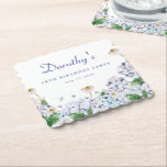 Hydrangea Rose 18th Birthday Personalized Custom Paper Coaster<br><div class="desc">New for Summer 2024. Soft dusty blue and purple hydrangeas mix with soft blush white and wild roses. The birthday celebrant's name is written in an easy-to-read script font. the Birthday year and date follow in a bold traditional serif font. All of the text is editable so you can customize...</div>