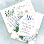 Hydrangea Rose 18th Birthday Summer Invitation Postcard<br><div class="desc">Blue hydrangea flowers and blush rose florals decorate a gold oval frame. An open and airy modern botanical.</div>