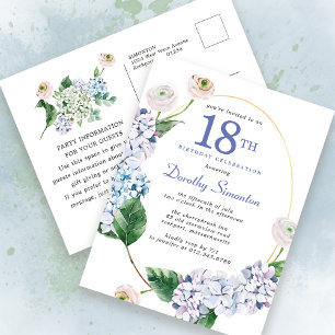 Hydrangea Rose 18th Birthday Summer Invitation Postcard