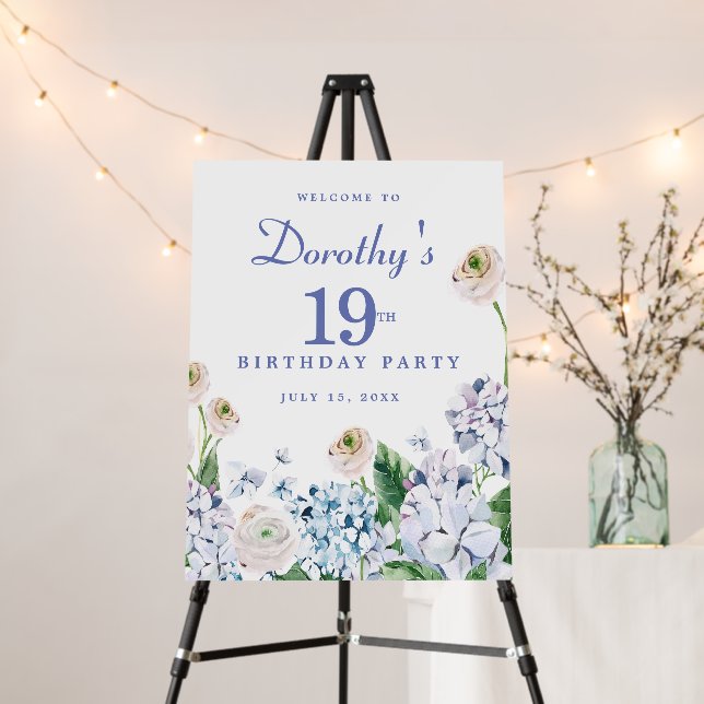 Hydrangea Rose 19th Birthday Party Welcome Sign (In Situ (Stand))