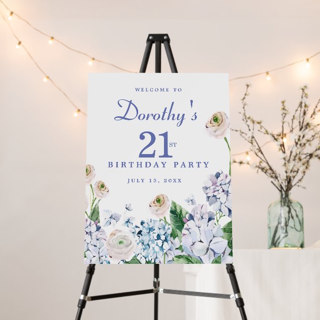 Hydrangea Rose 21st Birthday Party Welcome Sign (In Situ (Stand))