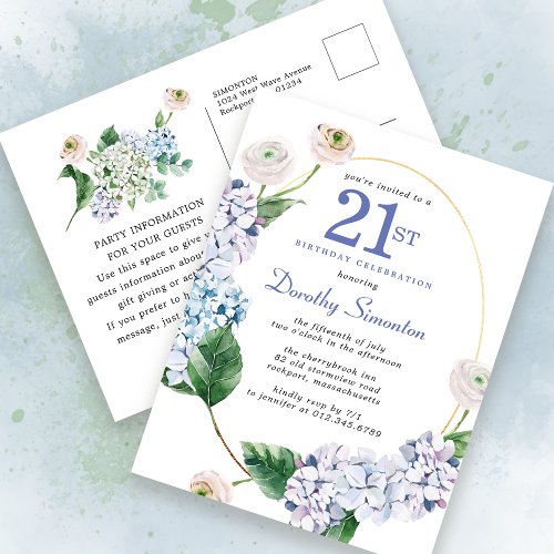 Hydrangea Rose 21st Birthday Summer Invitation Postcard