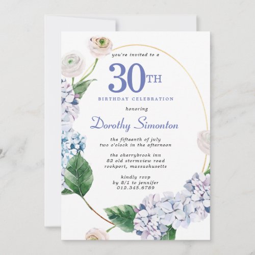 Hydrangea Rose 30th Birthday Party  Invitation