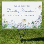 Hydrangea Rose 40th Birthday Welcome Yard Sign<br><div class="desc">A beautiful welcome sign with the Wow factor that will impress your guests. Soft dusty blue and purple hydrangeas mix with soft blush white and pink wild roses. The birthday celebrant's name is written in an easy-to-read script font. the Birthday year follows in a bold traditional serif font. All of...</div>