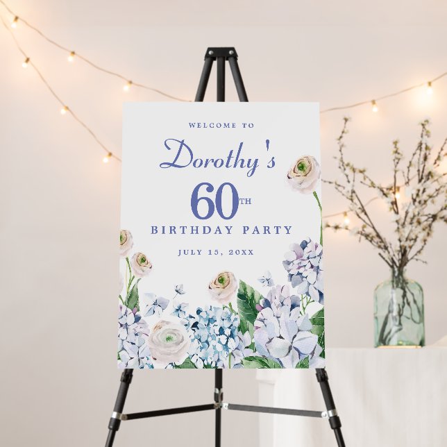 Hydrangea Rose 60th Birthday Party Welcome Sign (In Situ (Stand))