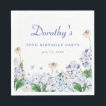 Hydrangea Rose 70th Birthday Personalized Custom Napkins<br><div class="desc">New for Summer 2024. Soft dusty blue and purple hydrangeas mix with soft blush white and wild roses. The birthday celebrant's name is written in an easy-to-read script font. the Birthday year and date follow in a bold traditional serif font. All of the text is editable so you can customize...</div>