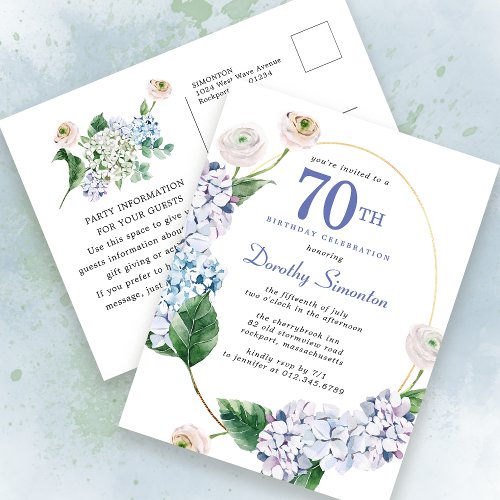 Hydrangea Rose 70th Birthday Summer Invitation Postcard