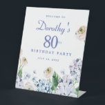 Hydrangea Rose 80th Birthday Party Welcome Sign<br><div class="desc">A beautiful welcome sign with the Wow factor that will impress your guests. Soft dusty blue and purple hydrangeas mix with soft blush white and pink wild roses. The birthday celebrant's name is written in an easy-to-read script font. the Birthday year and date follow in a bold traditional serif font....</div>