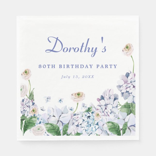 Hydrangea Rose 80th Birthday Personalized Custom Napkins (Front)
