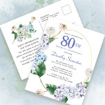 Hydrangea Rose 80th Birthday Summer Invitation Postcard<br><div class="desc">Blue hydrangea flowers and blush rose florals decorate a gold oval frame. An open and airy modern botanical.</div>