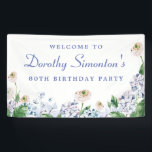 Hydrangea Rose 80th Birthday Welcome Banner<br><div class="desc">A beautiful welcome sign with the Wow factor that will impress your guests. Soft dusty blue and purple hydrangeas mix with soft blush white and blush white wild roses. The birthday celebrant's name is written in an easy-to-read script font. the Birthday year follows in a bold traditional serif font. All...</div>