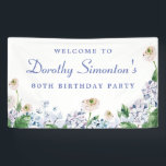 Hydrangea Rose 80th Birthday Welcome Banner<br><div class="desc">A beautiful welcome sign with the Wow factor that will impress your guests. Soft dusty blue and purple hydrangeas mix with soft blush white and blush white wild roses. The birthday celebrant's name is written in an easy-to-read script font. the Birthday year follows in a bold traditional serif font. All...</div>