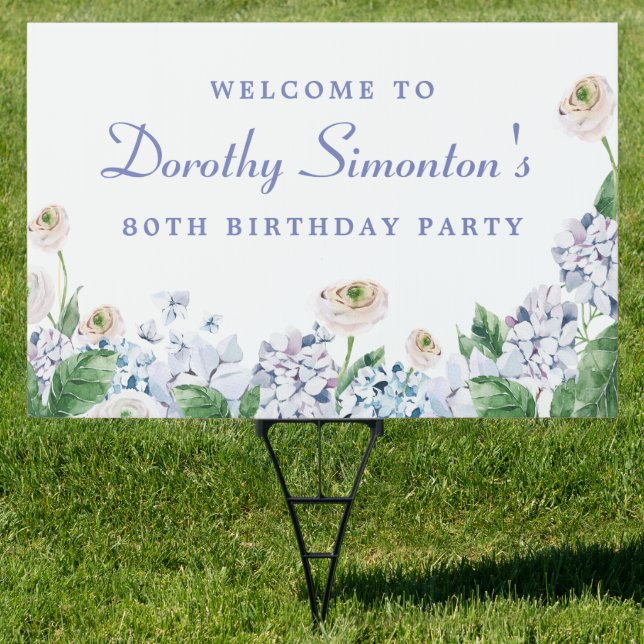Hydrangea Rose 80th Birthday Welcome Yard Sign (Insitu)