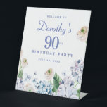 Hydrangea Rose 90th Birthday Party Welcome Sign<br><div class="desc">A beautiful welcome sign with the Wow factor that will impress your guests. Soft dusty blue and purple hydrangeas mix with soft blush white and pink wild roses. The birthday celebrant's name is written in an easy-to-read script font. the Birthday year and date follow in a bold traditional serif font....</div>