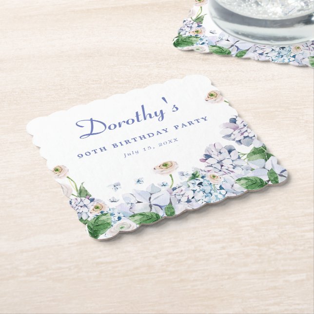 Hydrangea Rose 90th Birthday Personalized Custom Paper Coaster (Angled)