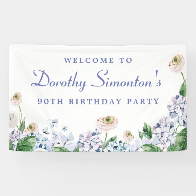 Hydrangea Rose 90th Birthday Welcome Banner (Horizontal)