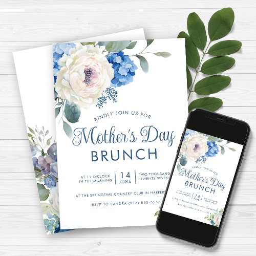 Hydrangea Rose Floral Mothers Day Brunch Invitation