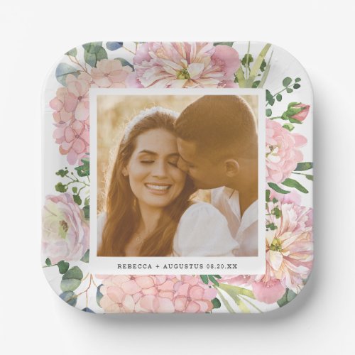 Hydrangea Rose Pink Watercolor Floral Photo Paper Plates